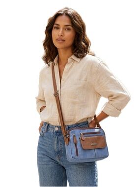 MultiSac Blue and Tan Zippy Triple Compartment Crossbody Bag